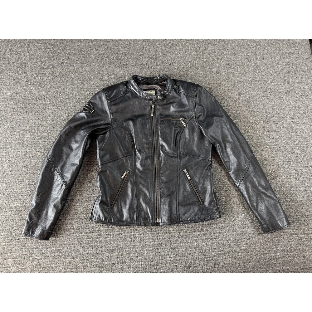 Harley Davidson Jacket Womens Medium Black Leather Motorcycle Rhinestone Zip - Picture 3 of 14